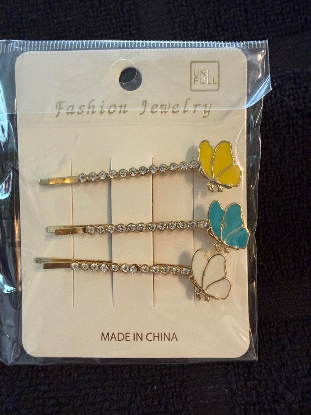 Fashion Jewelry Crystal Butterfly Hair Clip Set in Yellow, Blue, White